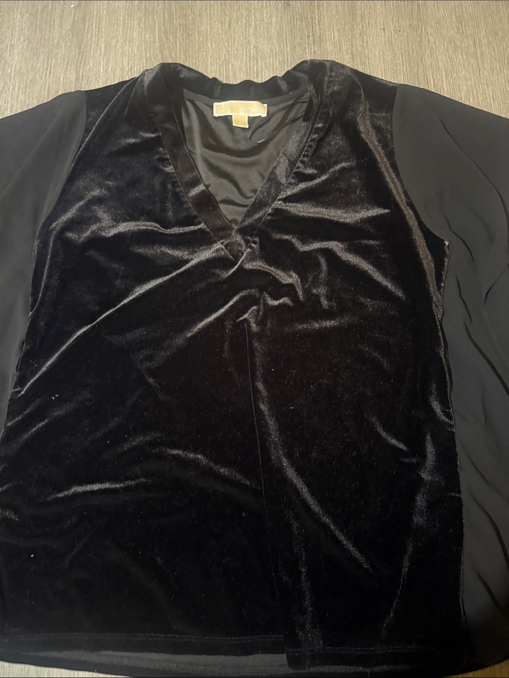 Michael Kors Black Velvet V-Neck Blouse with Black Sleeves - Picture 2 of 3
